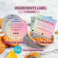 Editable Cottage Food Label Sticker or Card, Ingredients Label Canva Editable Template, Cookie Business, Sweet Treats Business, Bakery Business Label,  Printable Food Label,  Personalized Cookie Ingredients 2 DESIGNS : One Circular and One Square. ♥ WHAT ARE YOU BUYING ? ♥ - 2 Fully Editable Food Ingredients Label - Editable in Canva (super easy) - Fully editable, add your logo, website, social media, phone number, services, products, prices, change colors, fonts, anything! - Size design 2,5 x 2