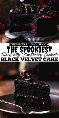 Black velvet Halloween cake is a two layer rich chocolate cake with a moist, velvety texture.  It's filled with sweet blackberry compote and frosted with black cocoa buttercream.  Fresh blackberries and chocolate skulls top this luscious cake, making it perfectly balanced and incredibly decadent.