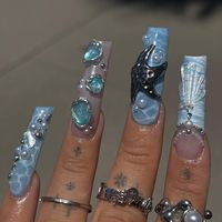 beach nails, summer nails, vacation nails,blue nails, square nails,nail charms,silver rings,nail art,nail aesthetics,nail ideas,ocean nails,spring nails