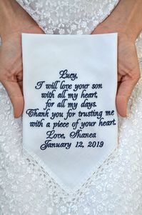 ♥ To view more Mother of the Groom gift ideas please visit: https://etsy.me/336s4Xq ♥ SALE section https://etsy.me/2M7lSYm Wedding gift for parents of the groom from Bride - Personalized embroidered handkerchiefs. You'll get it with a gift wrap, perfect for gifting. Personalized - embroidered wording in any color. You can either pick a traditional wedding verse or use your own words. Max 30-35 words with this listings. Custom text for MOG: (name), I will love your son with all my heart, for all