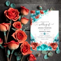 Turquoise and coral watercolor roses and iridescent tropical foliage wedding invitations with trendy handwriting typography designed to be quickly and easily customized to your event specifics.