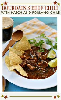 This is Anthony Bourdain's Beef Chili Recipe, New Mexico Style. Deep and richly flavored, this is a hearty chili stew with no beans featuring beef chuck and New Mexico Hatch Chiles and Poblano peppers. Perfect Sunday dinner or for your next football party crowd.  #recipes #chunky #stovetop #chili #hatch via @lannisam