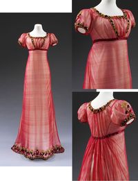 1810 ca. Evening Dress, British. Empire style, short sleeves, machine made silk net, embroidered with chenille thread, with silk ribbon, hand-sewn.