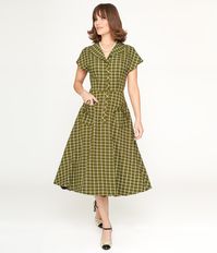 Collectif Green & White Checked Liza Acres Swing Dress – Unique Vintage