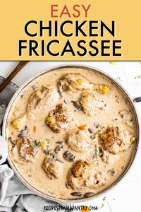 Chicken Fricassee is a classic comfort dish that looks fancy but is easy to make with humble ingredients. This rustic French stew is made with tender chicken, fresh mushrooms, and a creamy white wine sauce. This one-pot wonder is perfect for weeknight meals and Sunday dinners. This satisfying dish is perfect for serving company, and your family will love this classic comfort food meal. Click through to get this awesome chicken fricassee recipe!! #onepot #chickenstew #chickenrecipes #fricassee