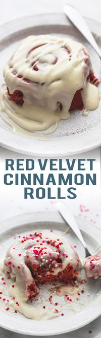 Super fluffy Red Velvet Cinnamon Rolls with Brown Butter Cream Cheese Frosting are the perfect tasty treat for Valentines Day! This easy homemade recipe is done in less than 90 minutes! | lecremedelacrumb.com #cinnamonroll #redvelvet #creamcheese #icing #valentinesday #quick #tasty