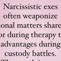 Carl Knickerbocker, MA, JD on Instagram: "Narcissistic exes often weaponize personal and private matters shared in confidence to gain advantages in custody battles.  Many times they’ll insist on therapy and attend session, not in an effort to heal, but as a way to harvest information to use against the other parent.

To them, no moment of vulnerability is off limits.  Confidentiality is never sacred.  If they can use something to harass, intimidate, humiliate, or gain the upper hand, they will. 

And if they don’t have enough personal information to exploit, they’ll make up as much as they want to make their attack even worse.

Any weakness or struggle shared with them, even in the distant past, is ammunition for their character attacks.  To them there’s no such thing as redemption, recove