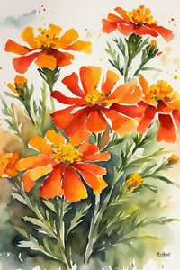 Marigolds are not only visually stunning but also possess natural pest-repelling properties, making them a practical and beautiful addition to any garden. This Tagetes Cinnabar watercolour art print masterfully showcases the vibrant hues and delicate beauty of these blooms, allowing you to enjoy their charm indoors all year round.