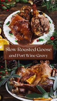 Make a Victorian Christmas feast with this roast goose recipe! The star of any Victorian Christmas dinner is a succulent roast goose. This slow roasted goose has juicy dark meat and a golden crispy skin. Serve with a flavourful port wine gravy made with giblet broth.