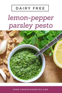 Fresh and flavorful dairy free lemon-pepper parsley pesto is a great way to use extra parsley! You can use the pesto right away or freeze it for later. Either way, you'll love serving it on pasta, vegetables, fish, chicken or shrimp! #dairyfreerecipes #glutenfreerecipes #glutenfreedairyfree #herbs #parsleyrecipes