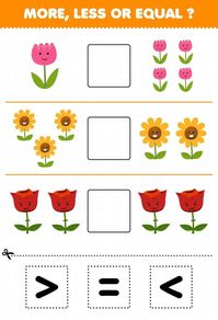 Education game for children count more less or equal of cartoon flower then cut and glue the correct sign nature worksheet, worksheet, #nature, #sign, #Ad