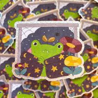 Die-cut sticker Matte laminate with glitter details Approx 2.9x2.4 inches Waterproof (hand wash only recommended) *color may vary slightly from screen*