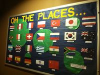 A bulletin board I did at the beginning of the semester. It has flags of all the countries that my school has had students study abroad to.