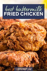 This Classic Buttermilk Fried Chicken recipe is incredibly flavorful and juicy, from a hot sauce/buttermilk marinade and a seasoned flour dredge.  Soon to be your family's new favorite chicken recipe! #chicken #fried #buttermilk #friedchicken #southern #chickenrecipes #dinner