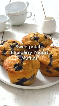 Shredded sweetpotatoes in the batter keep these Blueberry Yogurt Muffins moist and tender while adding tons of vitamins and minerals. You won’t need as much fat or sugar as “regular” muffin recipes either! Try them—they’re delicious (and easy to make)! #sweetpotatoes #sweetpotato #yams #blueberrymuffins #muffins