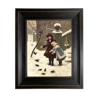 Feeding the Birds Framed Oil Painting Print on Canvas, Victorian Wall Art, Winter Wall Art, Christmas Wall Art, Christmas Decor