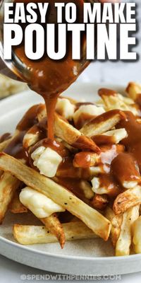 Try making some homemade poutine and enjoy classic comfort food, Canadian style. Tasty and filling, poutine can be made any way you like it! #spendwithpennies #poutine #appetizer #sidedish #recipe #best #canadian #easy #gravy #homemade #frenchfries #howto #cheesecurds