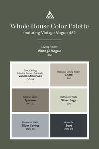 Make a statement with a whole house color palette built around Benjamin Moore's Vintage Vogue 462, an ultra-dark, smoky green with notes of black and brown. Shop color samples online at benjaminmoore.com.