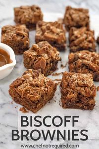 My biscoff brownies recipe is super easy and uses lotus cookie butter and chocolate chips. A must for lovers of speculoos style cookie butter and fudgy brownies, these will be a hit with adults and kids alike! #chefnotrequired #brownies #biscoff