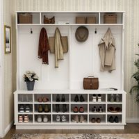 Organize your entryway with this spacious and stylish hall tree. With 18 individual cubbies, each measuring 9.7" W x 5.3" H x 14" D, and 6 strong double coat hooks, this hall tree provides ample storage for shoes, coats, and accessories. The finished white laminate adds a fresh and bright touch to any decor. Measuring 63" W x 66.9" H x 15.7" D when assembled, this hall tree is sturdy and durable. Keep your hall tree looking its best by simply wiping it down with a clean, damp cloth and then dryi