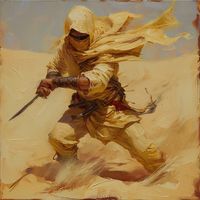 portrait of a sand warrior, wearing desert gear, holding a short katana in one hand, clothes blowing in the wind, sand dunes in the background, oil painting, thick strokes --v 6