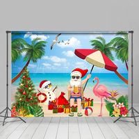 Lofaris Santa Flamingo Sand Beach Christmas In July Backdrop