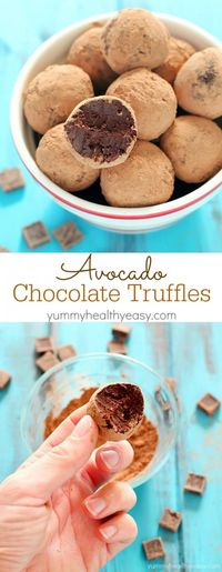 An unbelievably smooth, creamy and decadent truffle chocolates recipe made with...wait for it... AVOCADO! Only 94 calories per truffle! These are so ridiculously good and a must-make healthy treat for Valentine's Day!