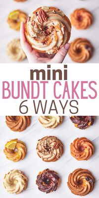 These mini bundt cake recipes all come from one batter with different bundt cake glaze recipes to make various bundt cake flavors. The easy mini bundt cakes are great desserts for a crowd because the bundt cake flavors and baking ideas are endless. Recipe for vanilla bundt cake, lemon bundt cake, chocolate bundt cake, strawberry bundt cake, coffee bundt cake and maple pecan bundt cake. Tasty baking recipes for mini bundt cake ideas and mini bundt cake decorating ideas. Best dessert recipes.