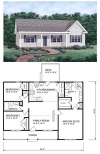 #Ranch #HomePlan 45476 has 1258 square feet of living space, 3 bedrooms and 2 bathrooms. Central & open to the floor plan, the kitchen and family room separate the master suite from the the smaller bedrooms. Walk through the dining area to the back deck.