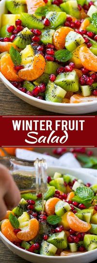 This winter fruit salad is a colorful variety of fresh fruit tossed in a light honey poppy seed dressing.