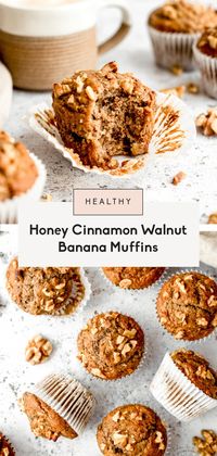 The ultimate healthy banana muffins are incredibly moist, dairy free and naturally sweetened with just ripe bananas and honey. This easy, healthy banana muffin recipe comes together in one bowl in just 30 minutes with options to add a delicious crunch from heart-healthy walnuts! The perfect healthy breakfast or snack that's freezer-friendly, too. #muffins #banana #bananamuffins #baking #healthysnack #breakfast #dairyfree #walnuts