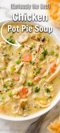 Chicken Pot Pie Soup is creamy, comforting, hearty, and loaded with tender chicken, potatoes, and veggies. It has all the comforts of classic Chicken Pot Pie without the effort of making a crust and it’s a one-pot meal. Homemade chicken pot pie soup is the ultimate comfort food. It’s so much better than any canned or store-bought version and it’s healthier. It really is a meal in itself. #chickenpotpie #chickenpotpiesoup #souprecipe #chickensoup #creamychickensoup #natashaskitchen #comfortfood