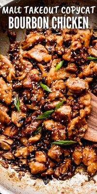 Bourbon Chicken is a takeout-style dinner that is quick and easy to make at home! Everyone loves this sweet and savory chicken in a delicious sauce prepared with brown sugar, soy sauce, garlic, and bourbon!