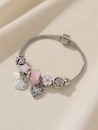 1pc Sweet Pink Rose & Flower & Heart Shaped Beaded Copper Bracelet, Women's College Style Bracelet, Starry Sky Beads For Diy Bracelet Silver    Copper     Women Fashion Jewelry, size features are:Bust: ,Length: ,Sleeve Length: