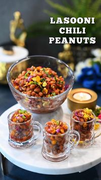 These Lasooni Chili Peanuts are the most addicting, Chinese-inspired snack! With boiled peanuts stir-fried in a tangy, spicy schezwan sauce with aromatics like garlic and ginger, this is going to be a fan-favorite appetizer at any Diwali party! They run out fast because of how addicting they are — so be sure to make extra!  Full recipe available at https://naturallynidhi.com/lasooni-chili-peanuts/