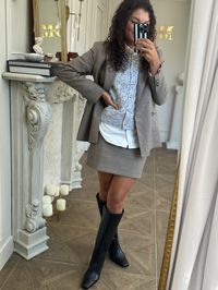 Layers are fall outfits best friend! This chic outfit is stylish and cozy making it an early fall outfit staple! A plaid blazer and matching skirt pairs perfectly with a layered cardigan and knee high boots.