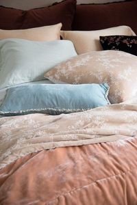 Helane Deluxe Shams in Mahogany, Paloma Pillowcases in Rouge, Paloma Pillowcase in Cloud, Lynette Accent Pillow in Mahogany, Lynette 24x24 Throw Pillow in Pearl, Carmen Kidney Pillow in Cloud, Lynette Personal Comforter in Pearl, Carmen Personal Comforter in Rouge