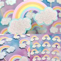 "This listing is for a set of 12 Handmade Pastel Rainbow & White Glitter Clouds Cupcake Toppers  DETAILS 12 - Pastel Rainbow with white glitter clouds Cupcake Toppers (Rainbows measure 1.7\" tall x 2.8\" wide) Rainbows are printed cut-out with white glitter clouds on one side These are adorable PASTEL RAINBOW CLOUDS CUPCAKE TOPPERS to decorate your cupcakes for a Cloud 9, Unicorn or Rainbow birthday party!   EVENT DATE  Please include your event date under the \"Note to Seller\" section at checkout   Additional items available (not included in this listing): -Cloud 9 Cake Topper Please send me a message if you have any questions!! Thank you for visiting Artistic Anya Designs! COLOR VARIANCES Please note that the color of your final product may not exactly match what you see on your screen