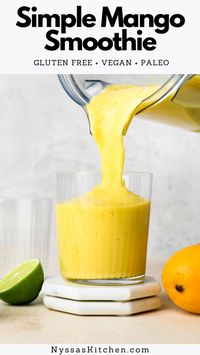 This simple mango smoothie is creamy and refreshing and made with only 5 ingredients and no yogurt! It's a great addition to any breakfast spread and the perfect afternoon snack. Made with fresh or frozen mango, banana (I include an option to make without banana, too!), lime juice, and dairy free milk. Gluten free, dairy free, vegan, and paleo.