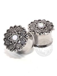 Feather Lotus with Opal Center Double Flared Steel Plugs