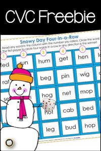 Free CVC game for winter! Your kindergarten and first grade students will be excited to find this game in their literacy centers! As they practice blending and segmenting short vowel words, they'll get faster at decoding on the run in their independent reading! Have fun using this easy prep activity! #kindergartenliteracy #cvcactivities