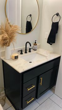 Below is a link to everthing in my renovated half bathroom!  Black vanity, rectangular sink shape, gold hardware