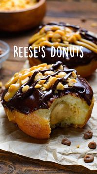 10min · 10 servings     For The Donuts  3 cups all-purpose flour  2 teaspoons active dry yeast  3/4 cup milk lukewarm  1 egg room temperature  1/4 cup unsalted butter melted  1 egg yolk room temperature  1/3 cup granulated sugar  1/4 teaspoon baking powder  1/2 teaspoon salt  1 teaspoon vanilla extract  vegetable oil for frying  For The Peanut Butter Frosting  1/2 cup creamy peanut butter  1/4 cup unsalted butter softened  1 cup powdered sugar  2 tablespoons milk  For The Peanut Butter Drizzle  2 tablespoons peanut butter  1/2 cup powdered sugar  1 tablespoon milk  For The Chocolate Glaze & Chocolate Drizzle  1 cup semi-sweet chocolate chips  1/3 cup heavy cream  Reese's peanut butter chips for topping  crushed peanuts for topping  link to recipe - https://4sonrus.com/reeses-donuts/