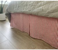 Simple tailored bedskirt, handmade from yard dyed red and white striped linen.  Three-panel split corner design simply tucks beneath the mattress. Adjusts to the perfect length, from 15" to 24". Handmade. Bed skirt is made with natural linen, decking is made with strong durable white cotton fabric. See 40 + color choices and patterns:  https://www.etsy.com/listing/236263008/linen-fabric-swatch-linen-swatch-fully Coordinating duvet cover, shams, bed sheets curtains available.  ❤The listing is for