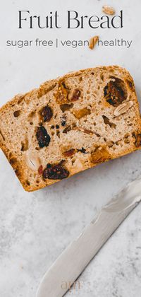 A delicious and quick fruit bread filled with dried fruit and nuts! It’s moist, healthy, sugar-free, and absolutely bursting with flavor. #fruit #bread #recipes #dried #vegan #healthy #sugarfree #spelt