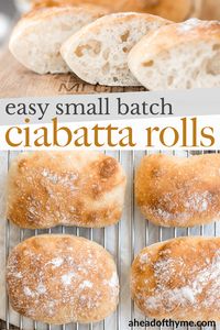 Easy small batch ciabatta rolls are fluffy and airy with a perfect crunchy, crackly crust. They take only 10 minutes to prepare and require no kneading. | aheadofthyme.com #ciabatta #bread #breadrolls #dinnerrolls #sandwichbread #buns via @aheadofthyme