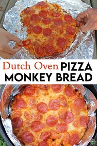 Learn how to make Pizza Monkey Bread in your Dutch oven with this easy and fun camping recipe. Perfect for pizza lovers, this recipe uses refrigerated biscuit dough. Your family will love pulling apart this delicious pizza while enjoying the beautiful outdoors.