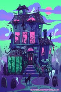 Haunted House Neon Monster Party Nights 12x18 art poster print | Etsy