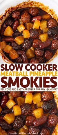 Slow Cooker Meatball Pineapple Smokies are a delicious and easy appetizer. | #party #appetizers #holidays #christmas #thanksgiving #nye #gameday #dinnerthendessert