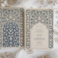 Indulge in the sophisticated charm of our Classic Navy Blue & Cream Lace Wedding Invitation, which pays homage to the Art Nouveau era's enchanting design aesthetics. The invitation set includes a front and back design, featuring a deep navy blue backdrop with intricate cream lace detailing. The floral and botanical motifs, characteristic of the Art Nouveau style, weave elegantly throughout the piece, presenting a stunning contrast that captures the eye. The ornamental finesse of the pattern is r